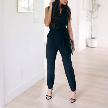 Fashion Lace Women Jumpsuit With Belt Sleeveless 2019 Summer New Casual V-neck Solid Women Black Jumpsuits Fashion Female Pants